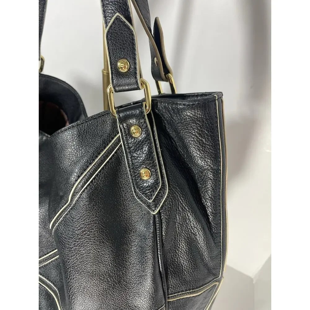 Steven by Steve Madden Leather Large Tote Bag Purse Hobo Black w/Ivory Trim